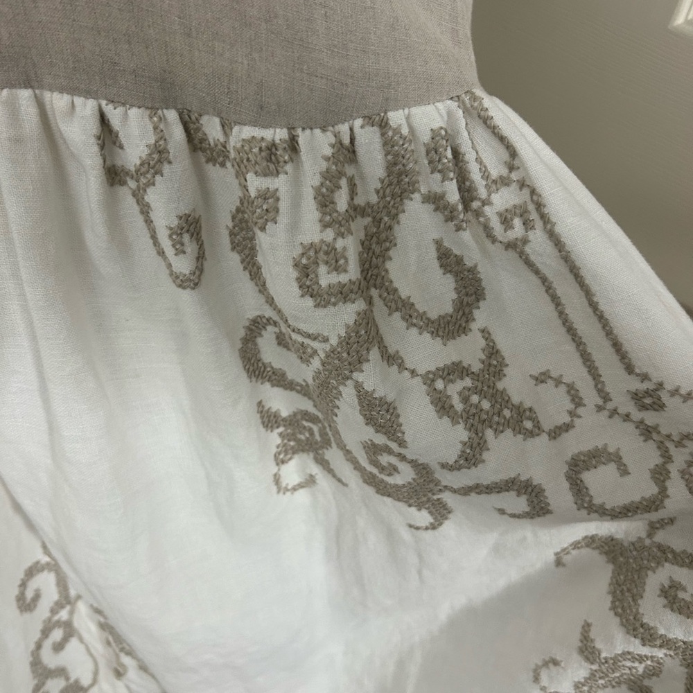 Eddie Bauer 100% Linen Embroidered Button Front Midi Dress Cream Tan Petite XS - Picture 6 of 13